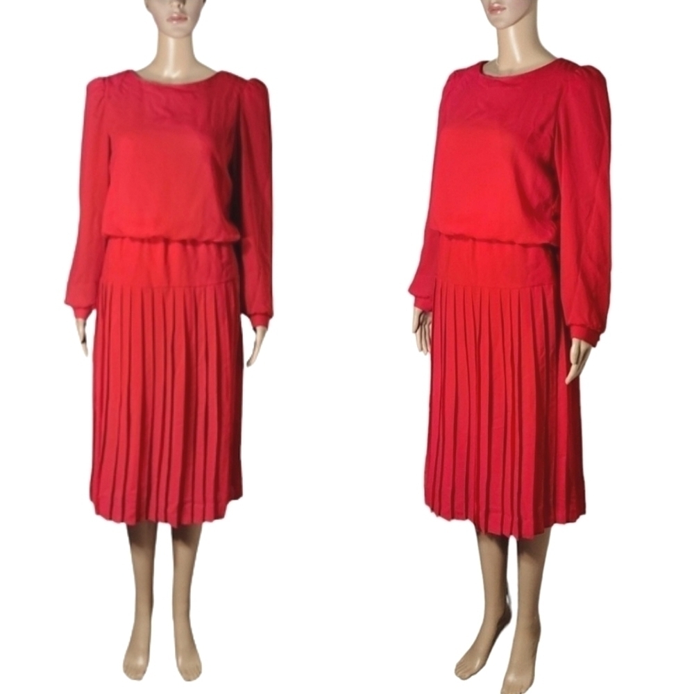 Vintage 1970s Cami Red Long Sleeves Drop-waist Pleated Midi Dress Womens Size 10